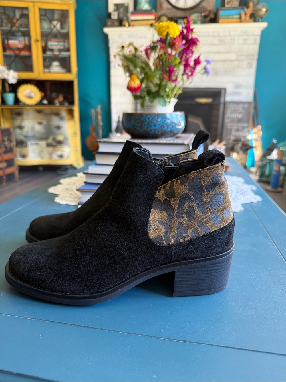 Clarks Black Suede Ankle Boots with Leopard Accent
